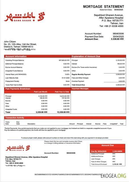 Modèle Word et PDF de relevé hypothécaire de la Iran Bank Shahr